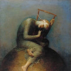 A blindfolded woman sits hunched on top of a globe in a blue haze, bending her head close to a lyre with only one string left, listening.