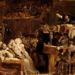 A bearded preacher in a black cap leans out of a high pulpit with his arm raised over a crowded church of nobles, bishops in white miters, and richly dressed women.