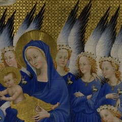 Mary, in a deep blue robe, holds the infant Jesus among a crowd of angels dressed in the same blue, crowned with white roses, their tall white-and-gray wings rising against a gold background.